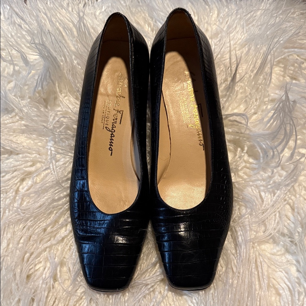 Salvatore Ferragamo Black Croc-Patterned Flats